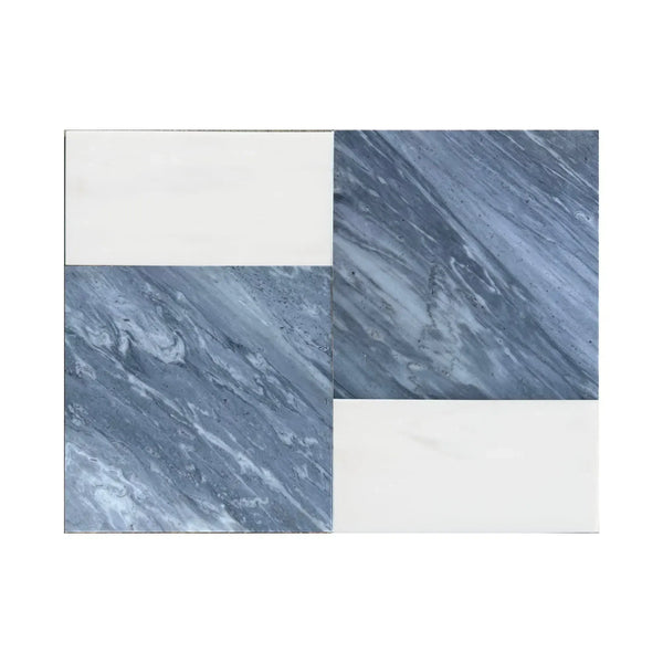 Four-paneled marble and white tile from Modena in Bardiglio Nuvolato and Bianco Dolomite