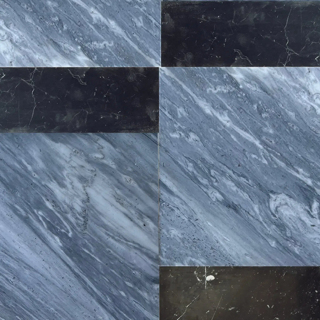 Alternating gray and black marble tiles in Modena Bardiglio Nuvolato and Nero Marquina set