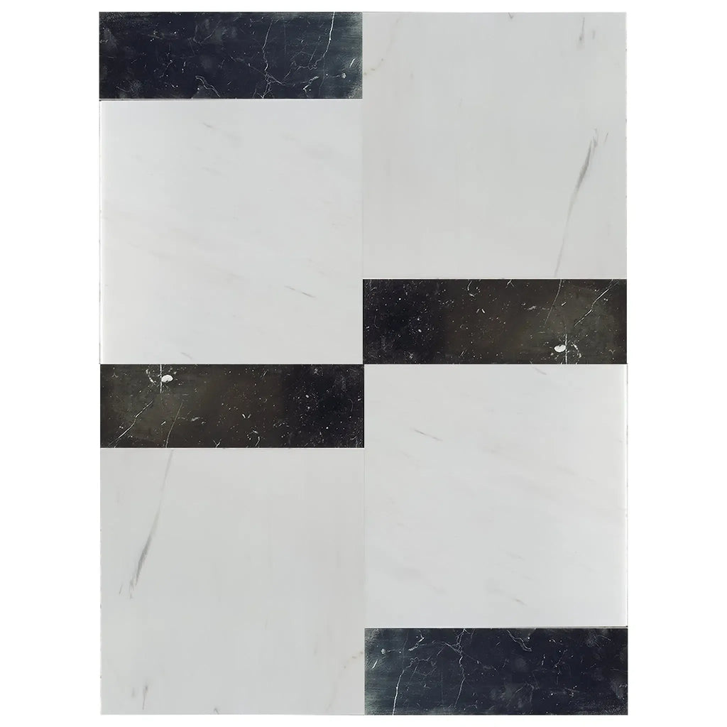 Rectangular marble tile featuring black accents in Modena Bianco Dolomite Set