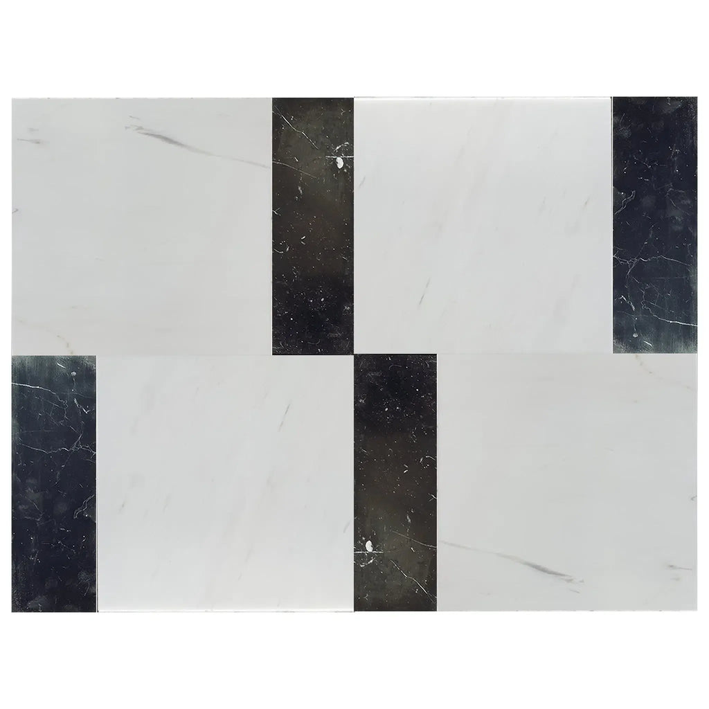 Rectangular marble tile pattern in Modena Bianco Dolomite and Nero Marquina set