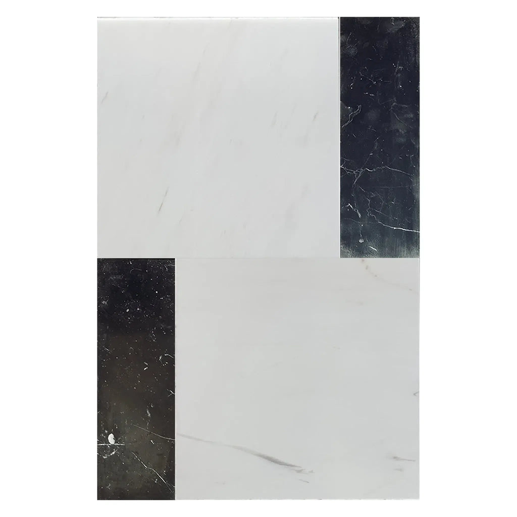 Rectangular marble tile featuring black accents in Modena Bianco Dolomite set