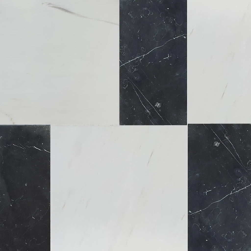 Black and white marble tile pattern of Modena in Bianco Dolomite and Nero Marquina set