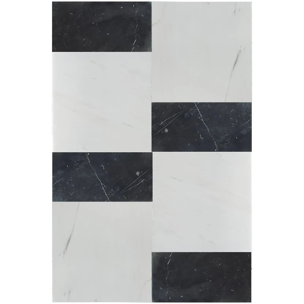 Black and white marble tile pattern featured in Modena in Bianco Dolomite set