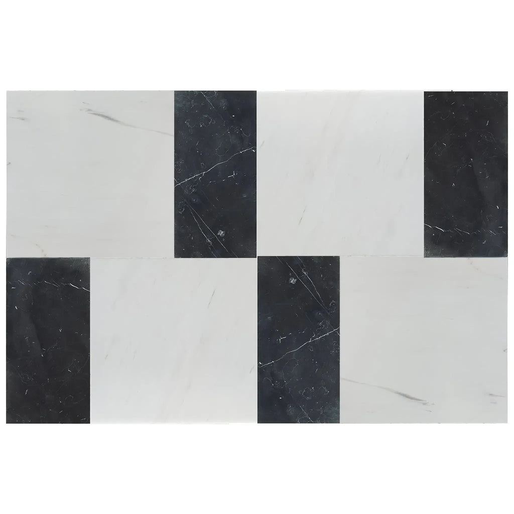 Black and white marble tile pattern of Modena in Bianco Dolomite and Nero Marquina set