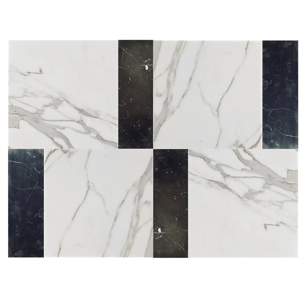 Modena in Calacatta Gold and Nero Marquina tile pattern featuring marble and black tiles