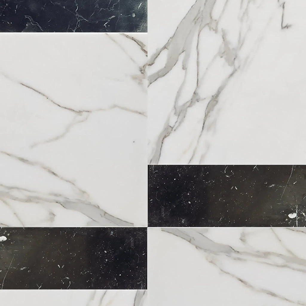 Marble tile pattern showcasing Modena in Calacatta Gold and Nero Marquina set