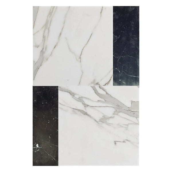 Rectangular marble tile featuring black accents in Modena Calacatta Gold and Nero Marquina set