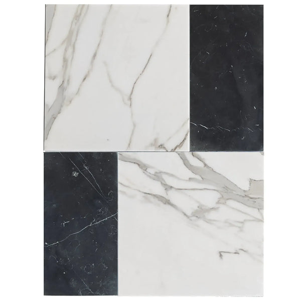 Black and white marble tiles in Modena Calacatta Gold and Nero Marquina set