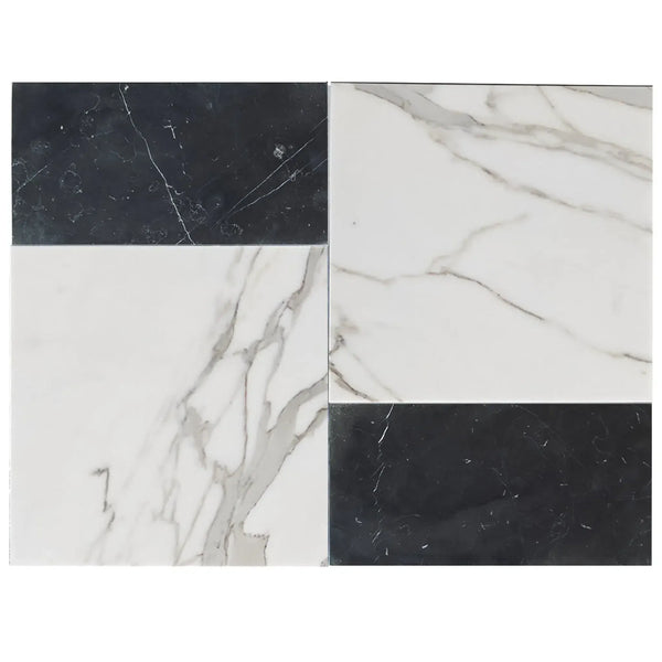 Marble-patterned tile arrangement of Modena in Calacatta Gold and Nero Marquina set