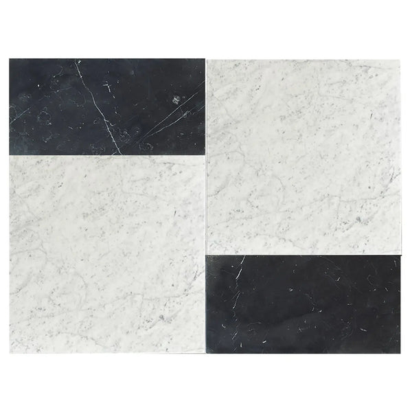 Black and white marble tile pattern in Modena Carrara White and Nero Marquina set