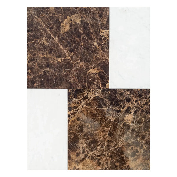 Brown and white marble tile pattern in Modena Emperador Dark and Carrara White Set