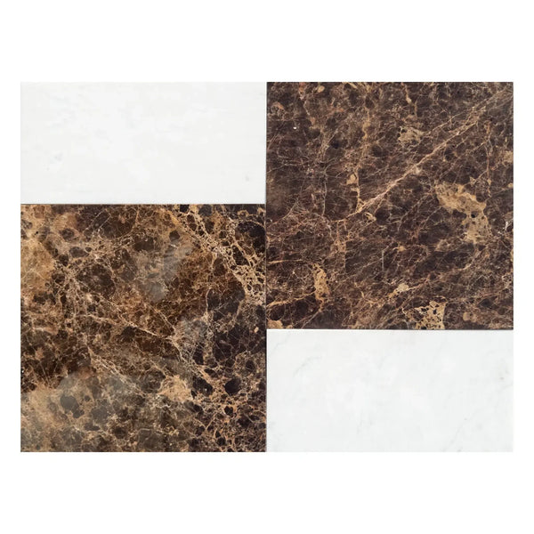 Marble and white tile pattern in Modena Emperador Dark and Carrara White Set