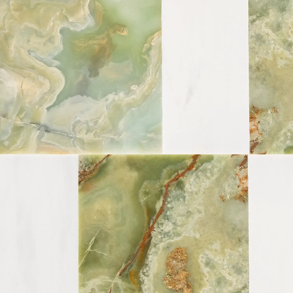 Green Onyx tile pattern from Modena in Green Onyx 12X12 and Bianco Dolomite 6X12 Set