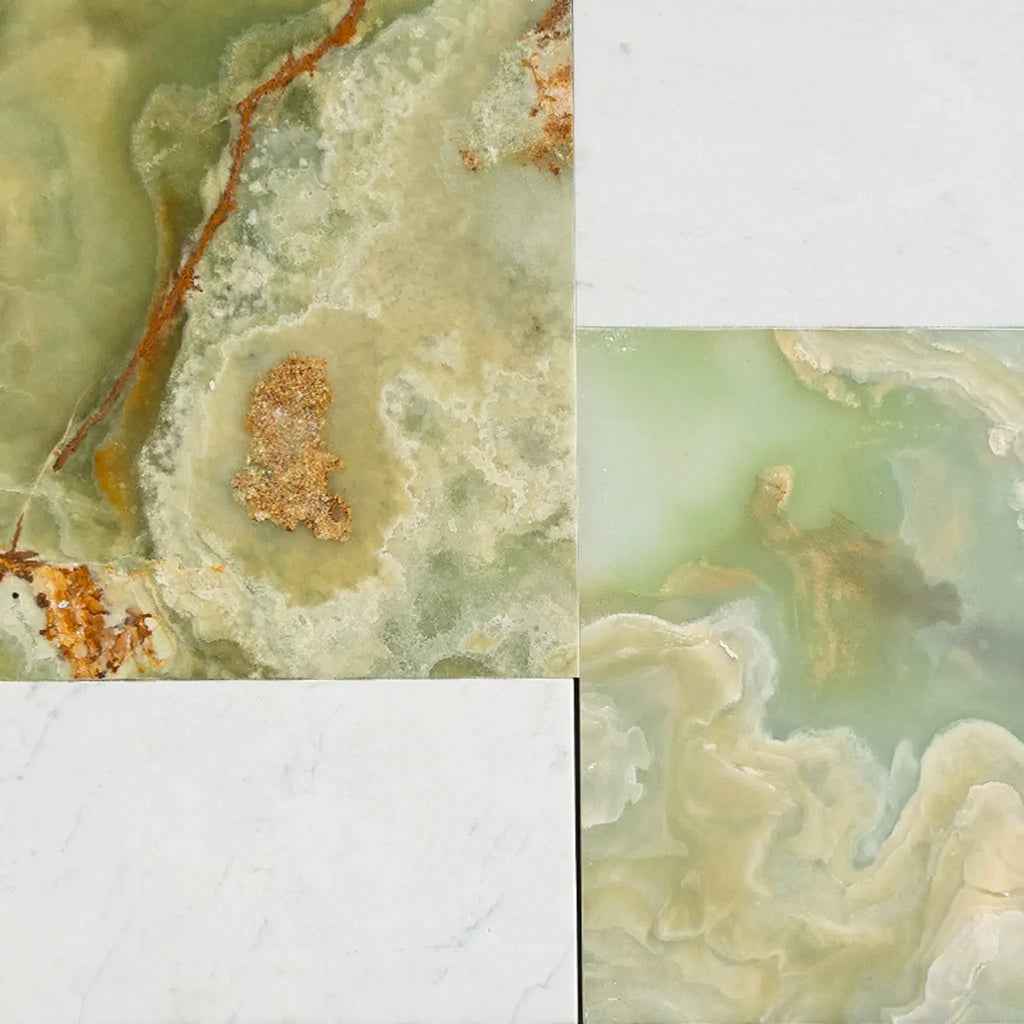 Green and White Onyx Tiles in Modena 12X12 and Carrara White 6X12 Set