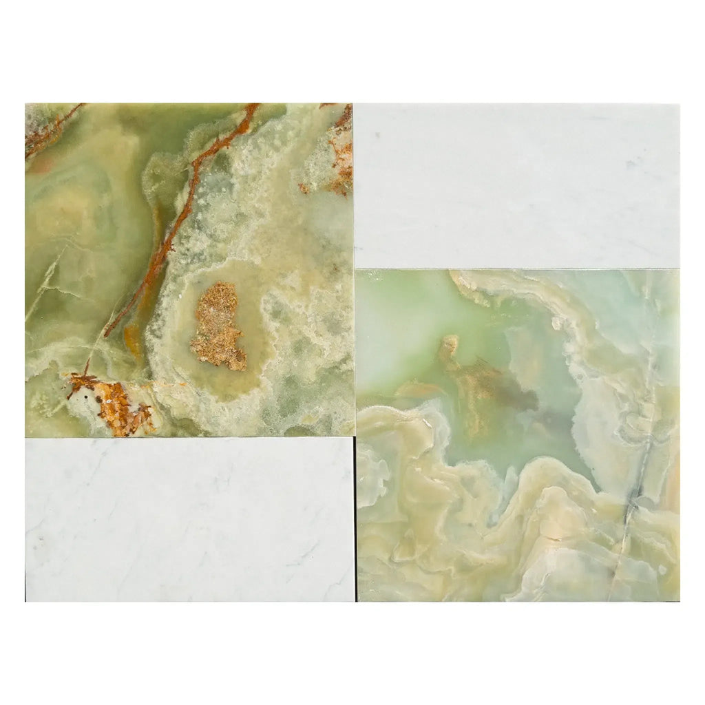 Four-piece marble tile sample of Modena in Green Onyx and Carrara White Set