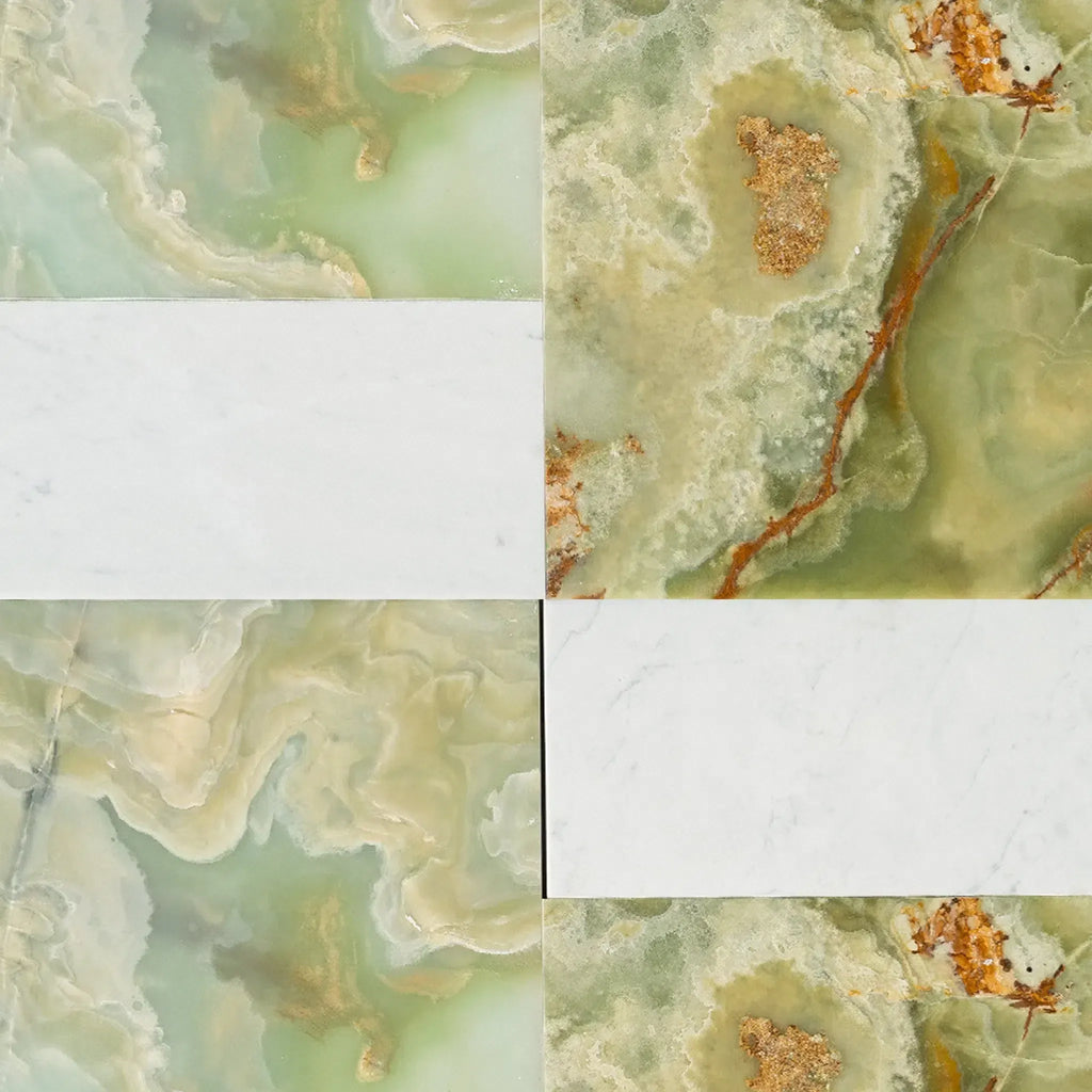 Green and white marble tile pattern from Modena in Green Onyx and Carrara White set