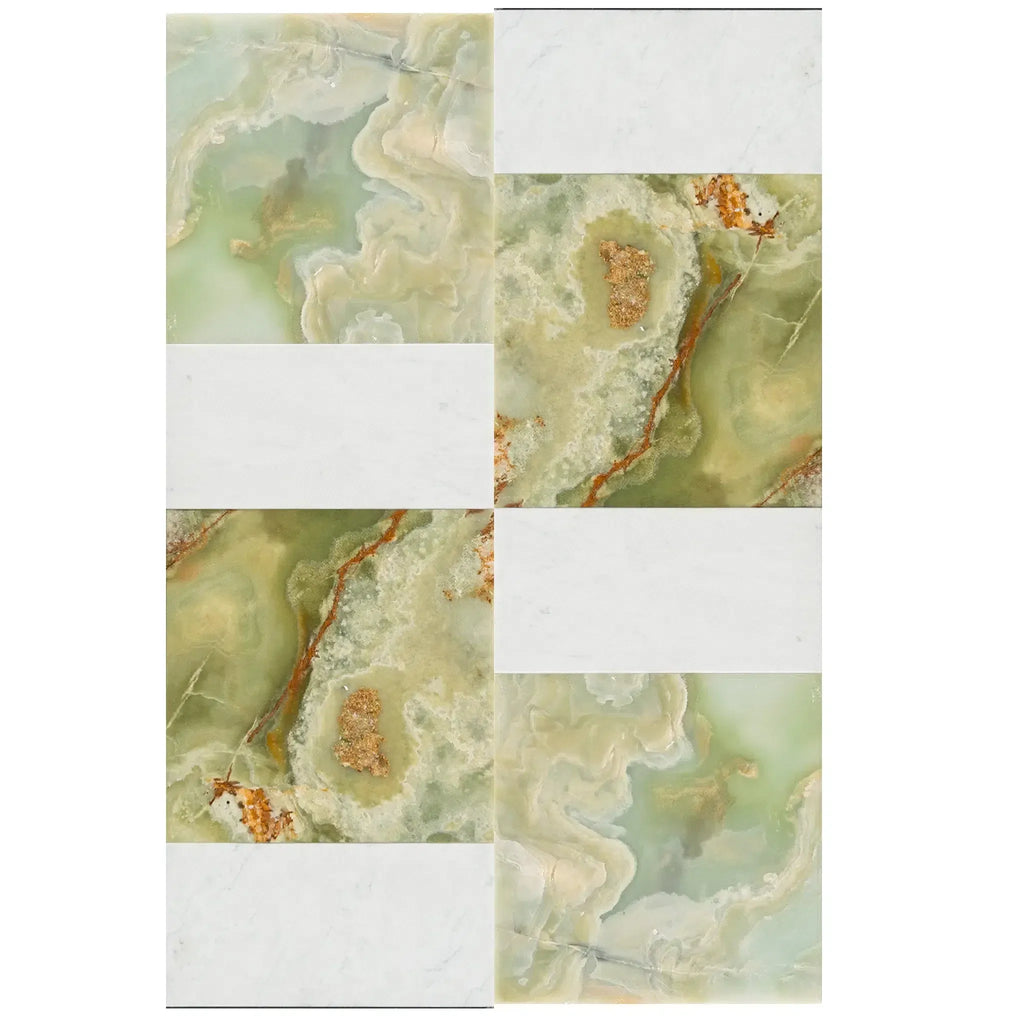 Green and white onyx tile panel of Modena in Green Onyx and Carrara White set