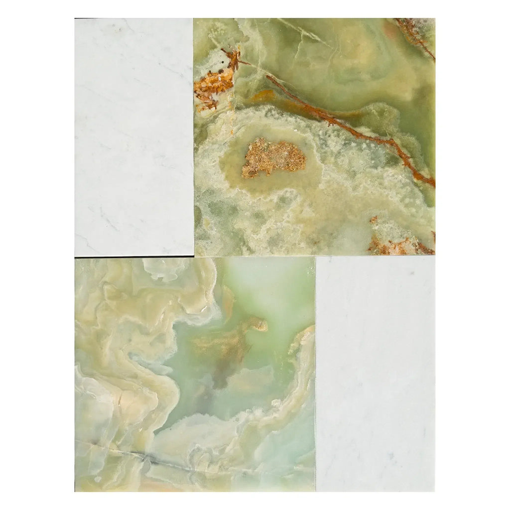 Four stone tile samples from the Modena in Green Onyx and Carrara White set