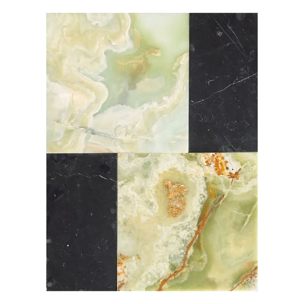 Onyx and marble tile samples showcasing Modena in Green Onyx and Nero Marquina set