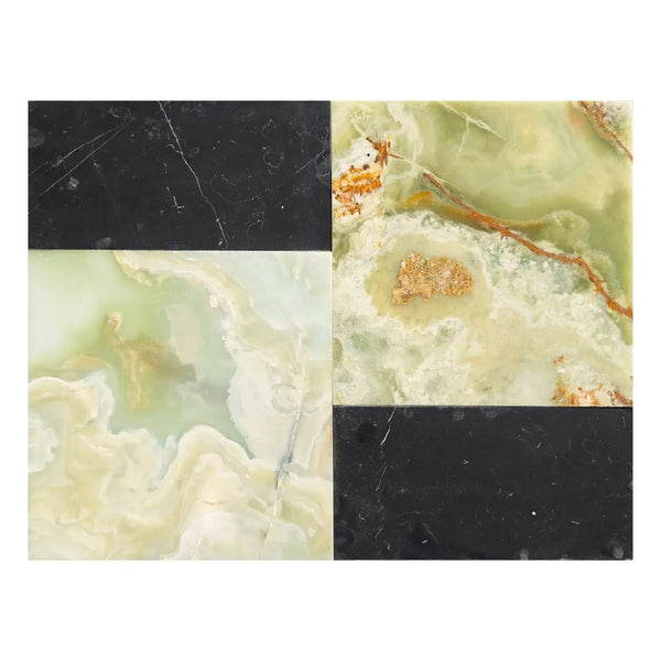 Polished Onyx tile samples of Modena in Green Onyx and Nero Marquina set