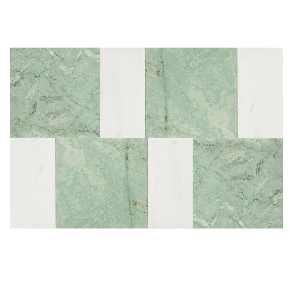 Green and white patterned tiles from the Modena in Ming Green and Bianco Dolomite set