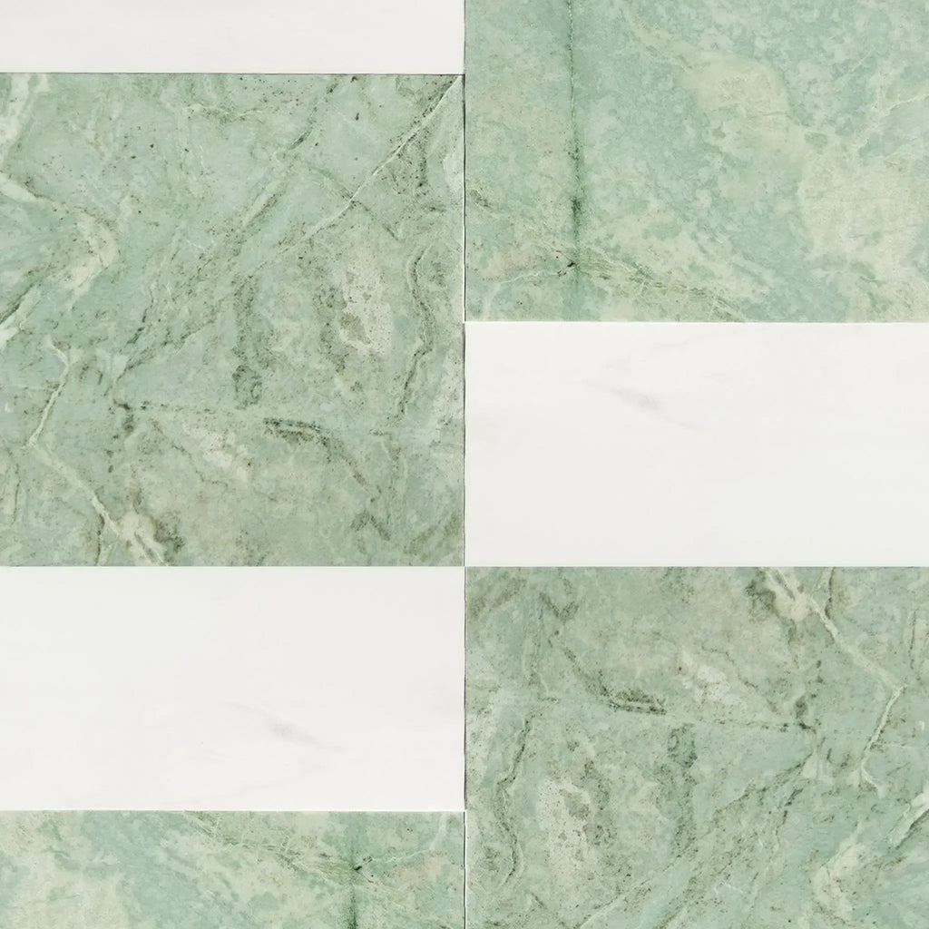 Green and white marble tile pattern in Modena Ming Green and Bianco Dolomite set