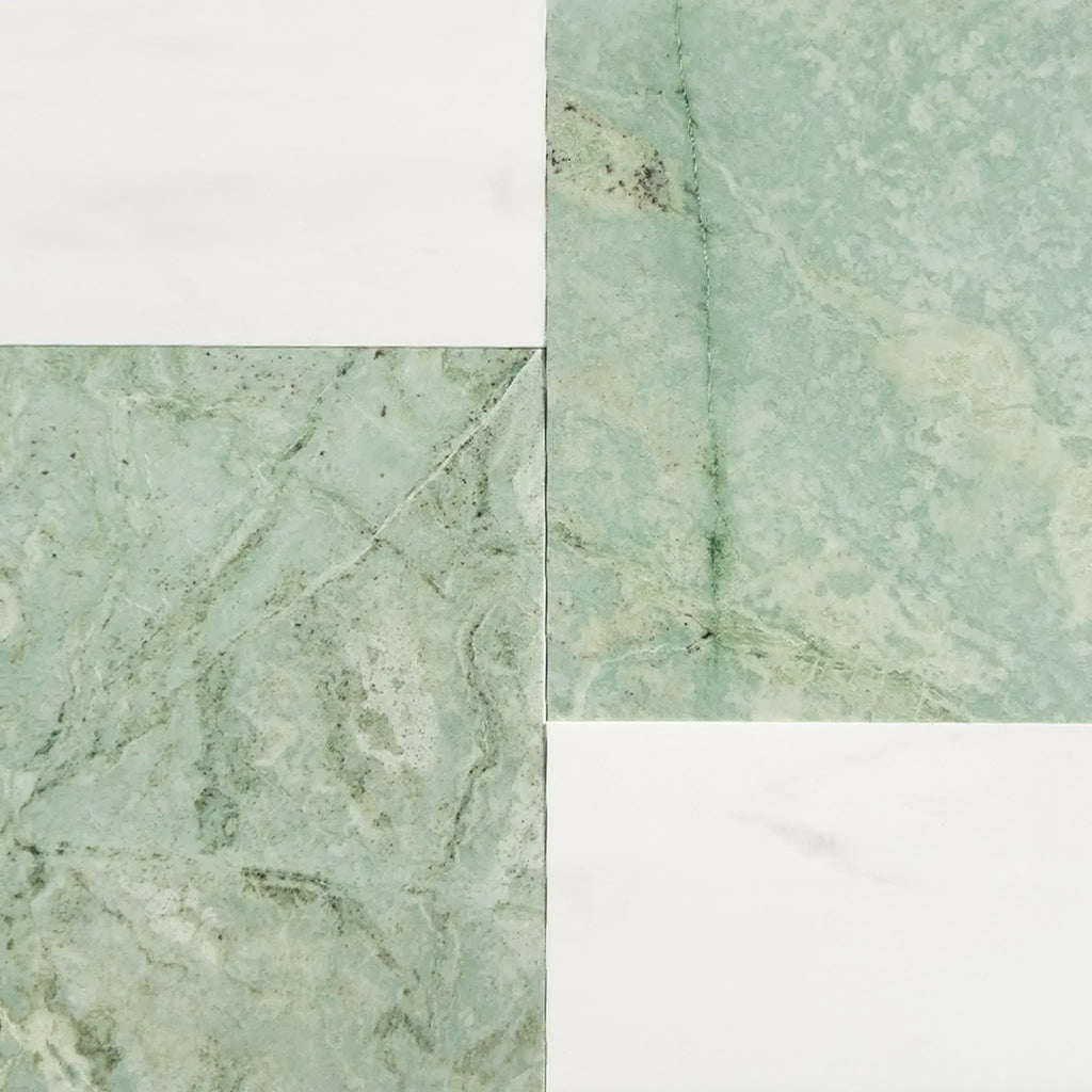 Green and white marble tile pattern in Modena in Ming Green and Bianco Dolomite set