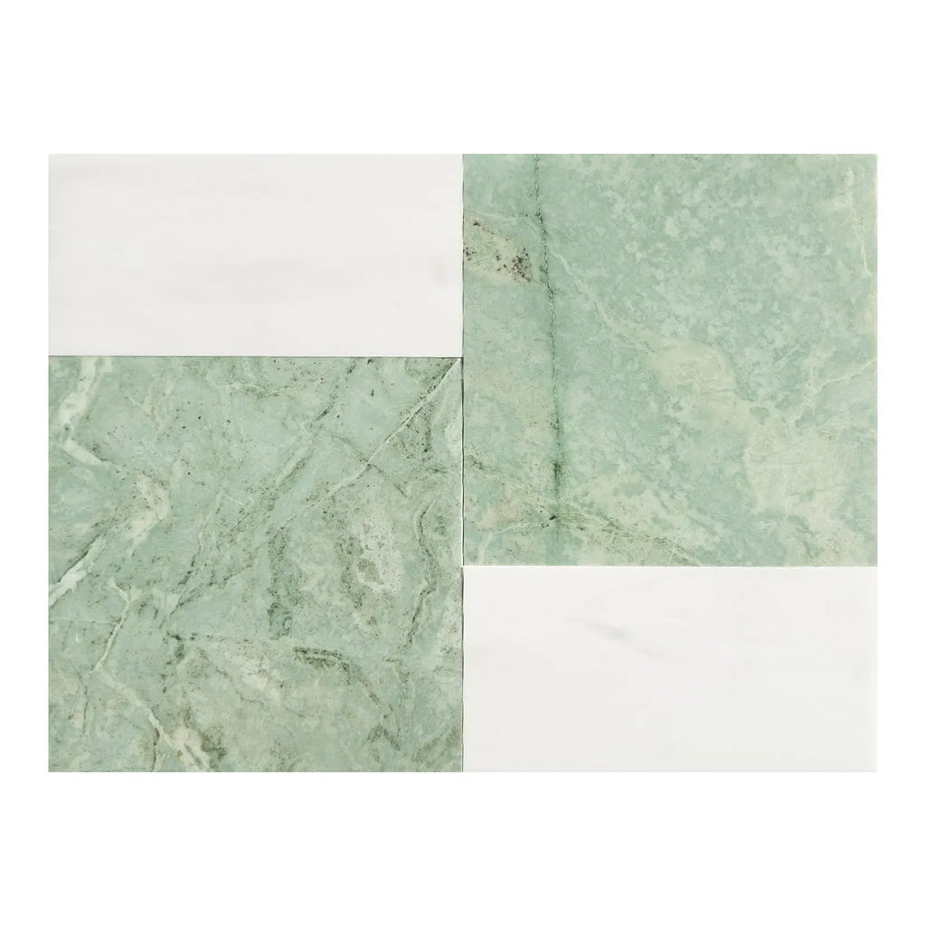 Geometric marble tile pattern featuring Modena in Ming Green and Bianco Dolomite