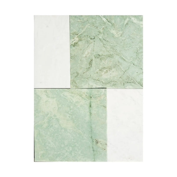 Four-tile arrangement of Modena in Ming Green 12X12 and Carrara White 6X12 Set