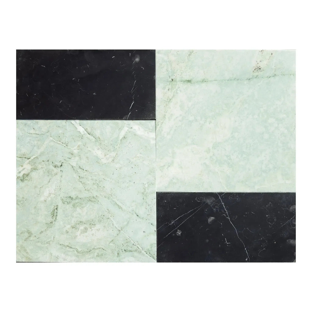 Four-piece marble tile pattern featuring Modena in Ming Green and Nero Marquina set