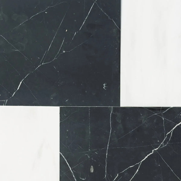 Black and white marble tile pattern in Modena in Nero Marquina and Bianco Dolomite Set