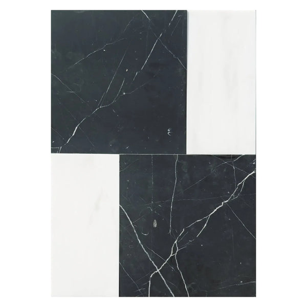 Black and white marble tile pattern in Modena in Nero Marquina and Bianco Dolomite Set