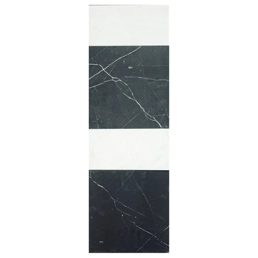 Rectangular marble-patterned tile from Modena in Nero Marquina and Carrara White set