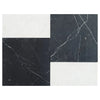 Black and white marble tile arrangement featuring Modena in Nero Marquina and Carrara White