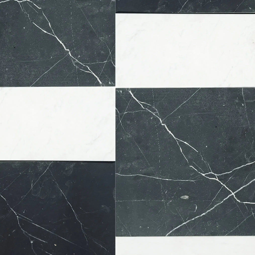 Black and white marble tile pattern in Modena in Nero Marquina and Carrara White set