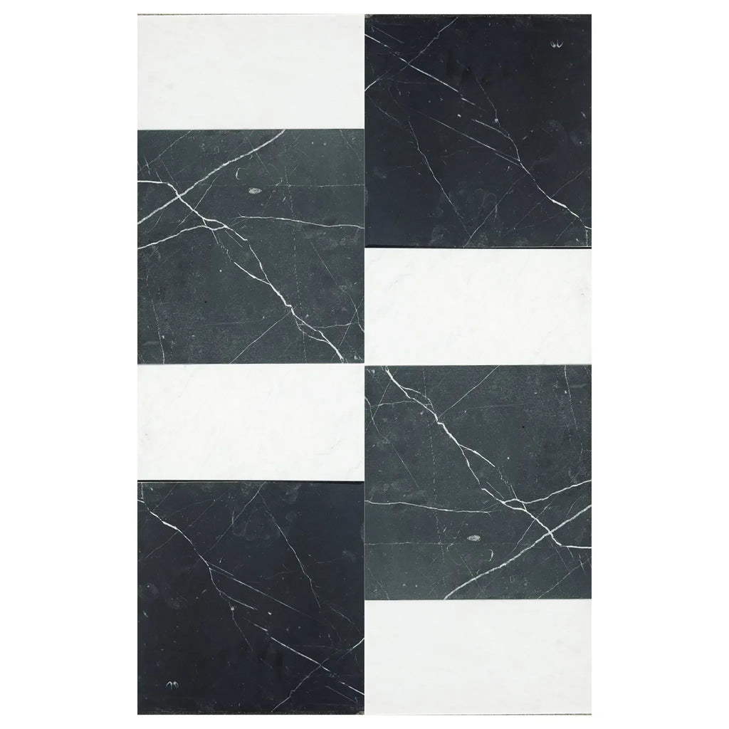 Black and white marble tile pattern from Modena in Nero Marquina and Carrara White set