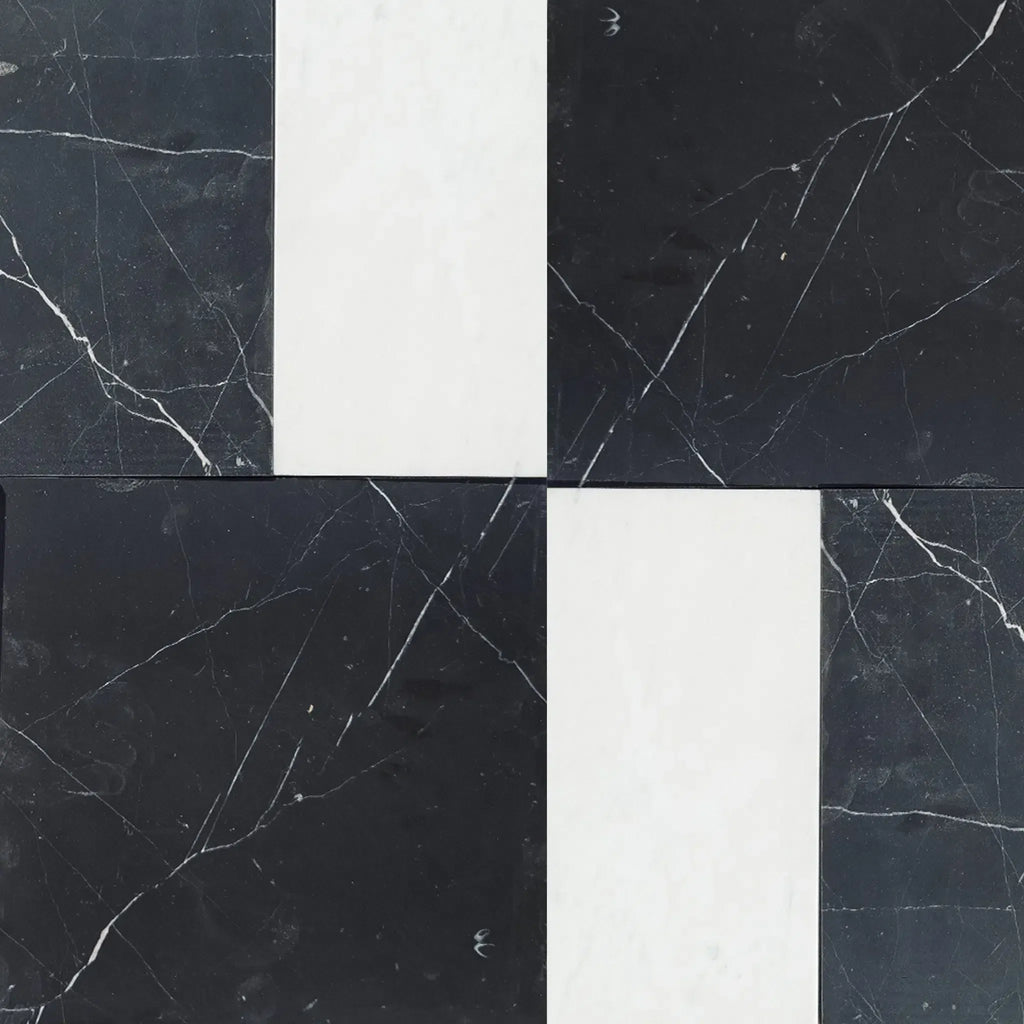 Black and white marble tile pattern of Modena in Nero Marquina and Carrara White set