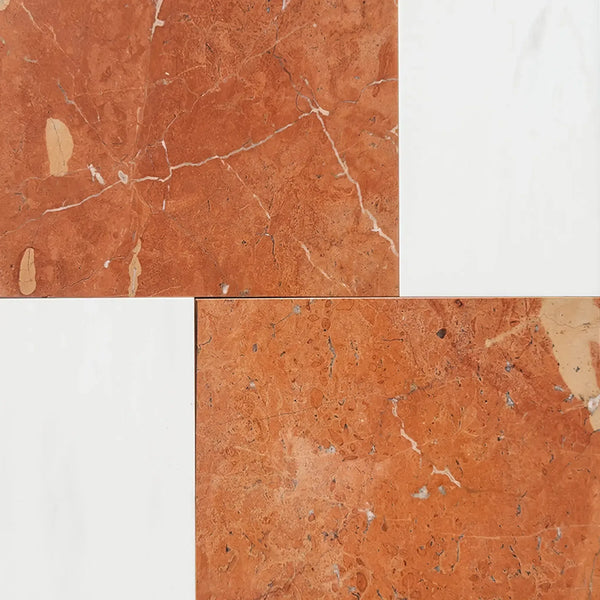 Red and white marble tiles in Modena in Rojo Alicante and Bianco Dolomite set