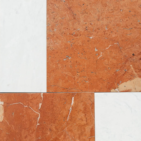 Orange and white marble tiles in Modena Rojo Alicante 12X12 and Carrara White 6X12 Set