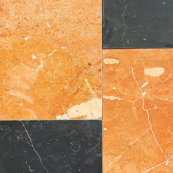 Polished marble tile arrangement featuring Modena in Rojo Alicante and Nero Marquina