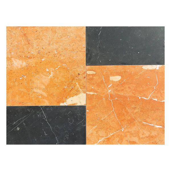 Polished marble tile arrangement featuring Modena in Rojo Alicante and Nero Marquina