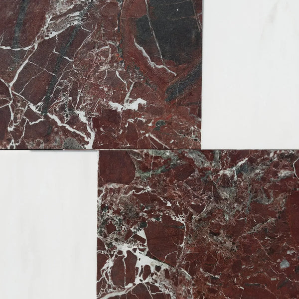 Red and white marble tile pattern in Modena in Rosso Levanto and Bianco Dolomite set