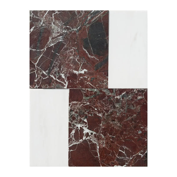 Four-tile marble pattern featuring Modena in Rosso Levanto and Bianco Dolomite set