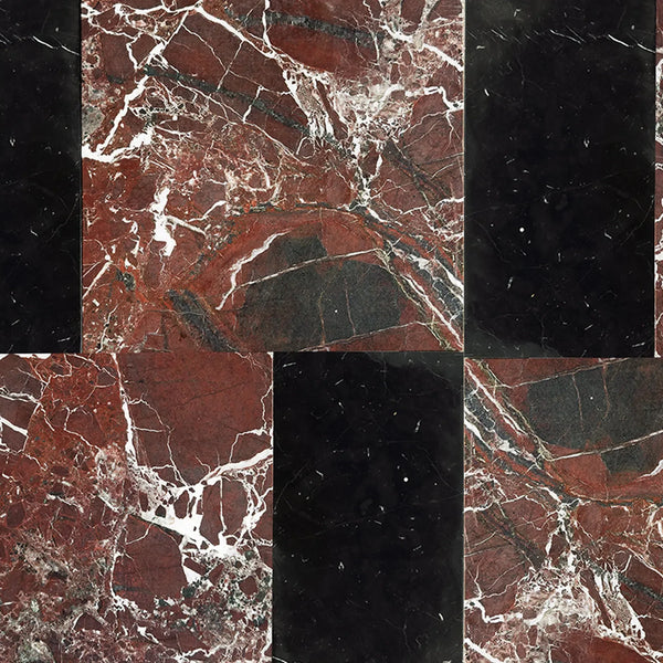 Red and black marble tile pattern of Modena in Rosso Levanto and Nero Marquina set