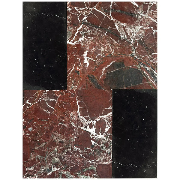 Polished marble tile pattern of Modena in Rosso Levanto and Nero Marquina set