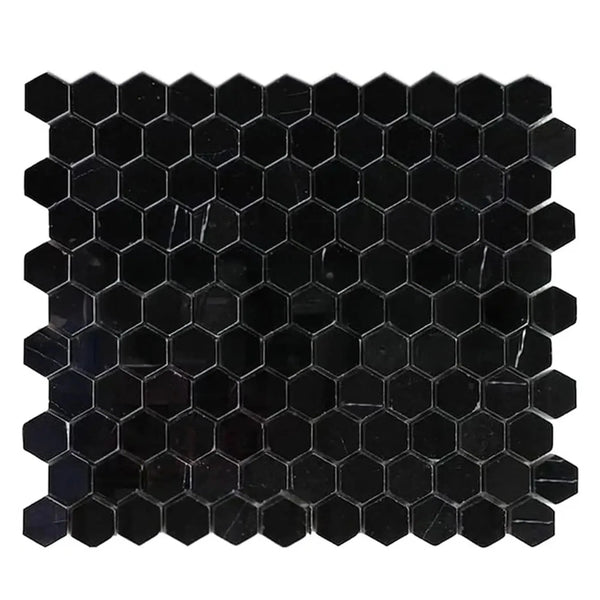 Black Hexagon Mosaic Tile Sheet for Nero Marquina 1 Inch Polished or Honed Marble