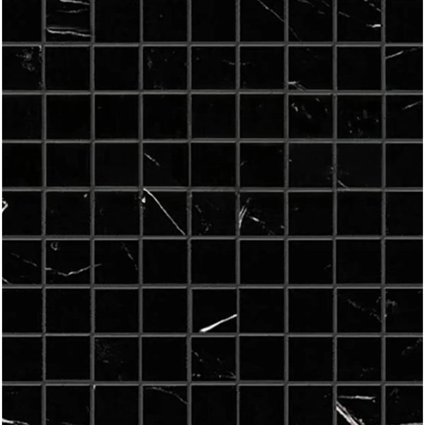 Black mosaic tile with white veining in Nero Marquina Black 1X1 Marble Mosaic