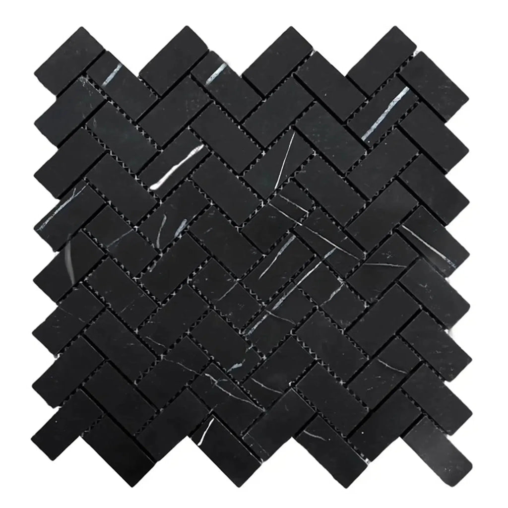 Black marble herringbone mosaic tile from Nero Marquina in polished or honed finish