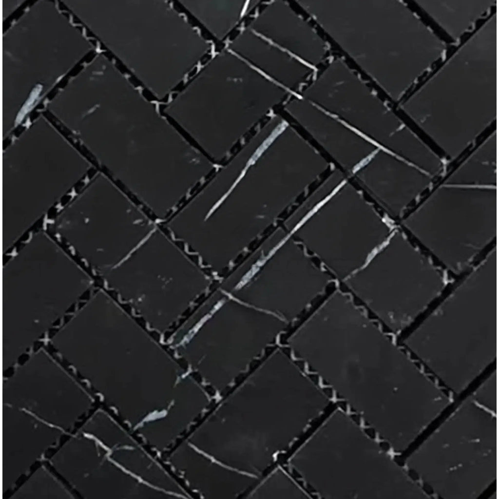 Black marble herringbone tile in Nero Marquina 1X2 polished or honed mosaic design