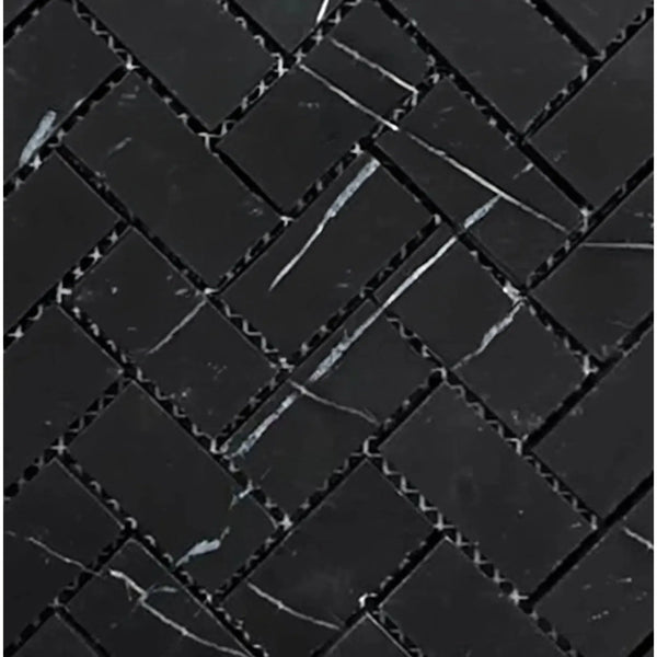 Black marble herringbone tile in Nero Marquina 1X2 polished or honed mosaic design